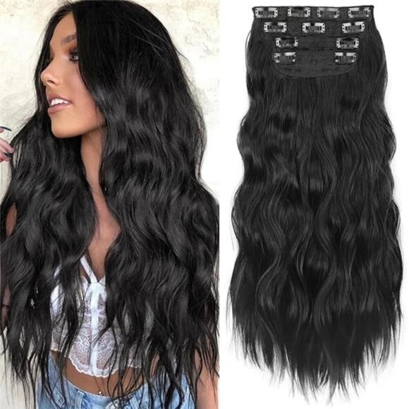KooKaStyle Clip in Synthetic Hair Extensions Long Wavy 4PCS Thick Hairpieces - Picture 7 of 7